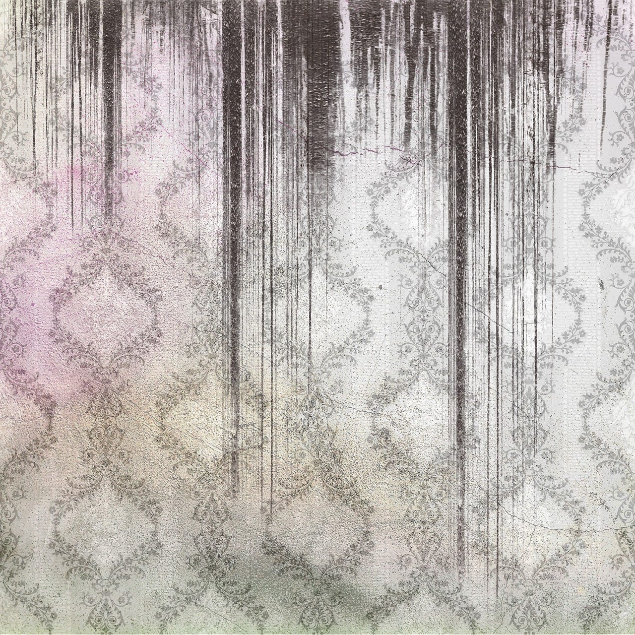 Moldy looking streaks run down old-fashioned wallpaper.