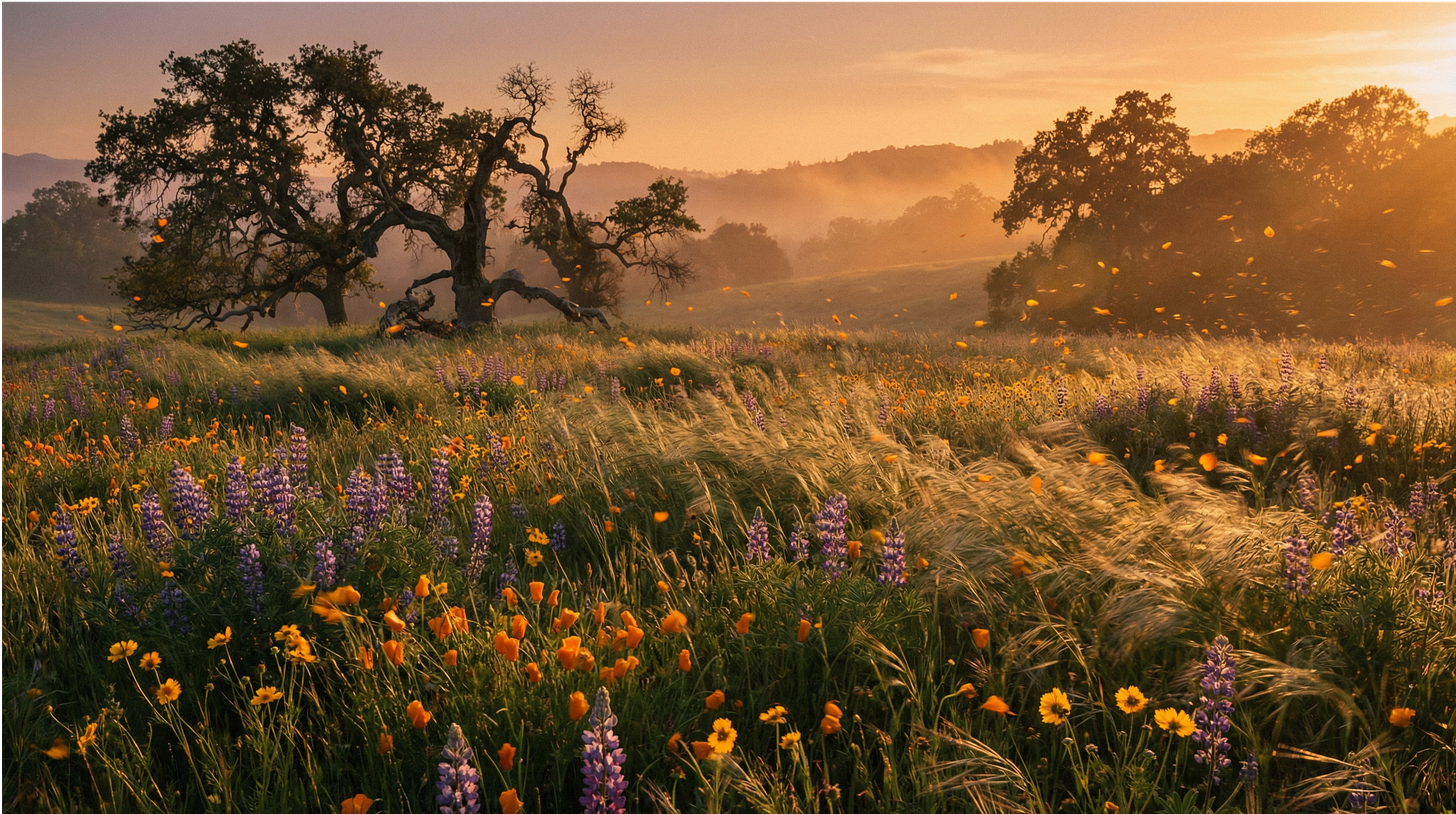 Flowering meadow at sunset with lupins, poppies and golden grasses beneath an ancient oak. The height of Koçagan. Flowering meadow at sunset with lupins, poppies and golden grasses beneath an ancient oak. The height of Koçagan.