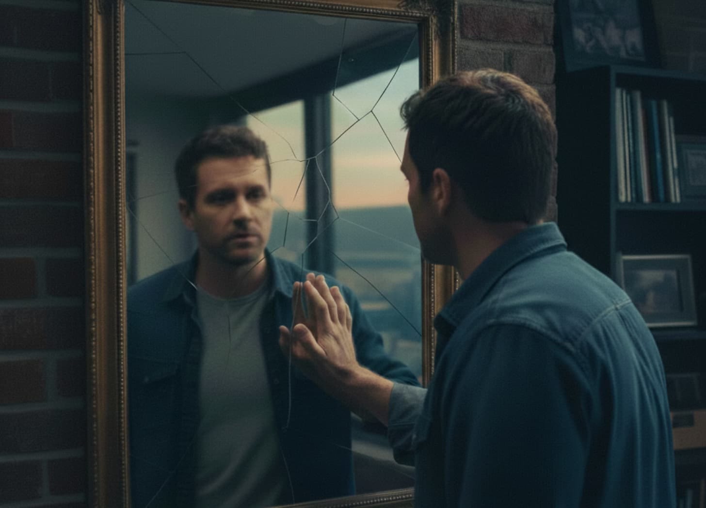 Man seeing his reflection in cracked mirror.