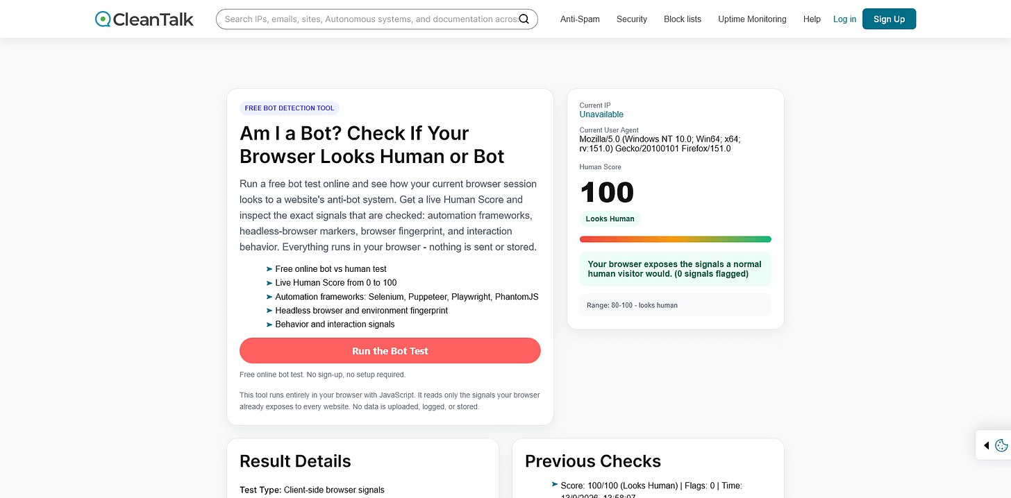 invisible_playwright vs CleanTalk's Am I a Bot? invisible_playwright vs CleanTalk's Am I a Bot?