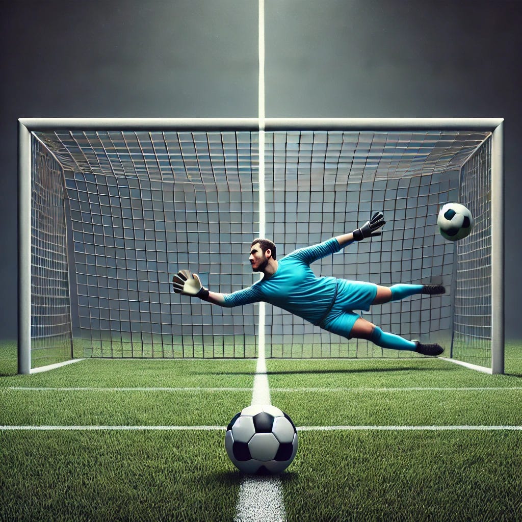 An image showing a goalkeeper in a penalty situation, standing still in the center of the goal, with a soccer ball flying straight toward them. On one side of the image, the same goalkeeper is shown diving dramatically to the side, missing the ball. This contrast emphasizes the action bias, where standing still might be the better choice, but the instinct is to act by diving to appear more effective. The setting is a simple soccer field, with clean visuals to highlight the choice between action and inaction.