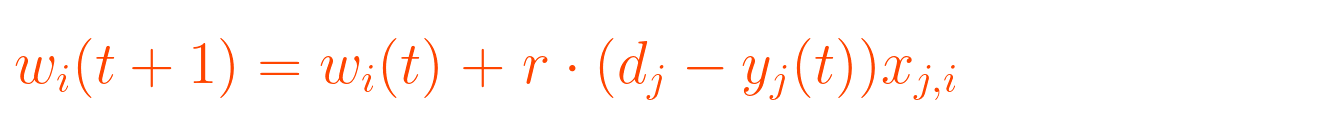 {\displaystyle w_{i}(t+1)=w_{i}(t)\;{{+}}\;r\cdot (d_{j}-y_{j}(t))x_{j,i}}