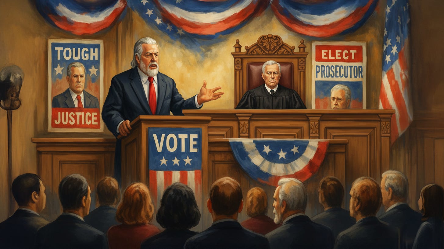 A painting-style illustration of a courtroom turned political rally. A man in a suit speaks at a podium decorated with the word “VOTE” and patriotic bunting, while behind him a stern judge sits on the bench. Posters on either side read “TOUGH JUSTICE” and “ELECT PROSECUTOR,” blending the imagery of elections with the courtroom setting. An audience watches in the foreground. A painting-style illustration of a courtroom turned political rally. A man in a suit speaks at a podium decorated with the word “VOTE” and patriotic bunting, while behind him a stern judge sits on the bench. Posters on either side read “TOUGH JUSTICE” and “ELECT PROSECUTOR,” blending the imagery of elections with the courtroom setting. An audience watches in the foreground.