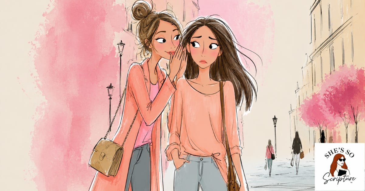 Whimsical fashion illustration of two women standing on a city sidewalk, one woman leaning in close whispering with a sly expression and hand raised to her mouth, the other woman turning her face away with an uncomfortable and nervous expression Whimsical fashion illustration of two women standing on a city sidewalk, one woman leaning in close whispering with a sly expression and hand raised to her mouth, the other woman turning her face away with an uncomfortable and nervous expression
