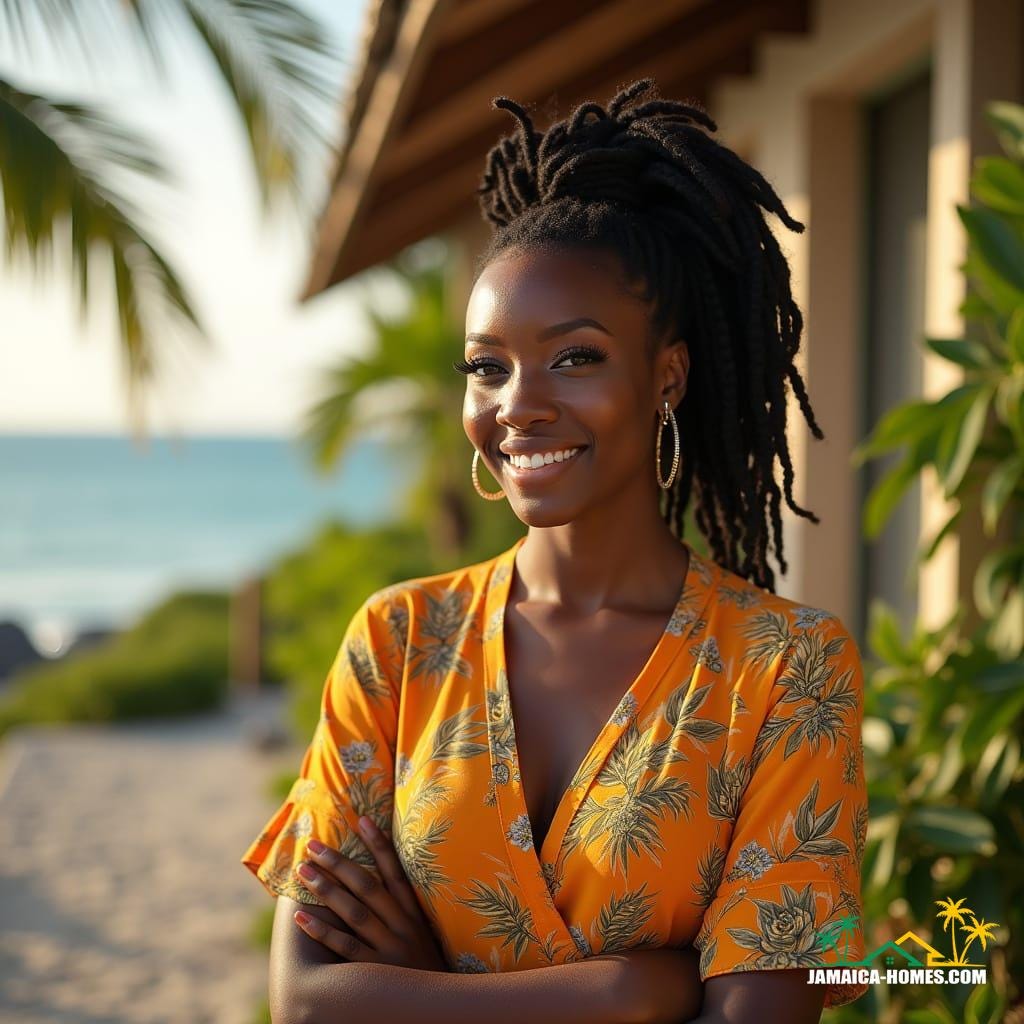 A stunning, mixed-heritage real estate agent with striking dreadlocks, wearing a bright, island-inspired blouse, stands confidently in front of a luxurious Jamaican beachside villa, a warm, golden light casting a gentle glow on her face, as she greets potential buyers during an open house, her bright smile and infectious energy drawing them in. Shot on a virtual RED Raptor XL, with a cinematic film aesthetic, 35mm film texture, and subtle film grain, the image features a beautiful vignette, and is color graded to perfection, with a post-processed, atmospheric look, evoking the works of acclaimed cinematographers, such as Emmanuel Lubezki and Rachel Morrison, with a hint of Terrence Malick's poetic realism, and the dramatic flair of a big-screen epic.