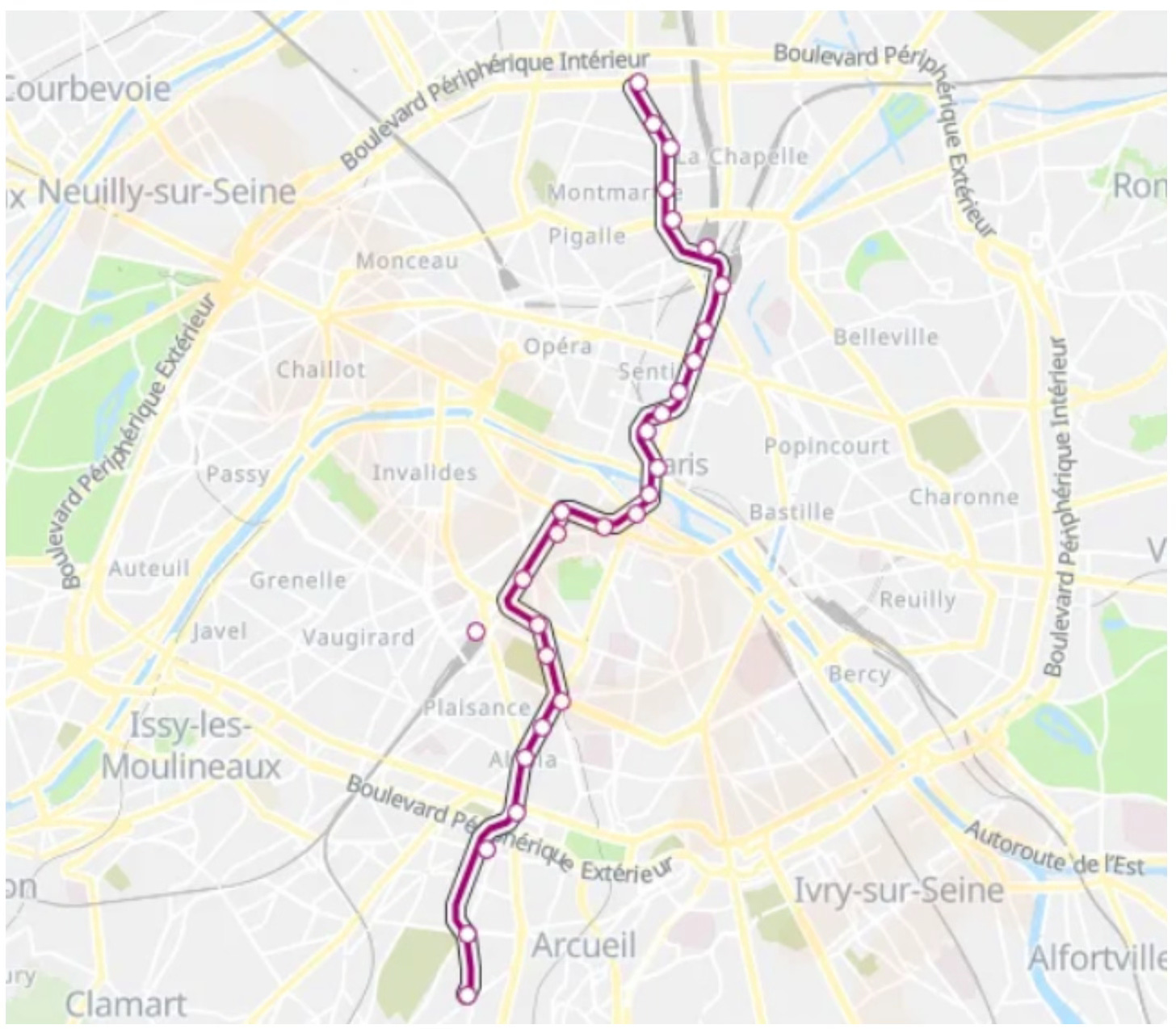 Map of Paris' Line 4, showing it extending across the city Map of Paris' Line 4, showing it extending across the city