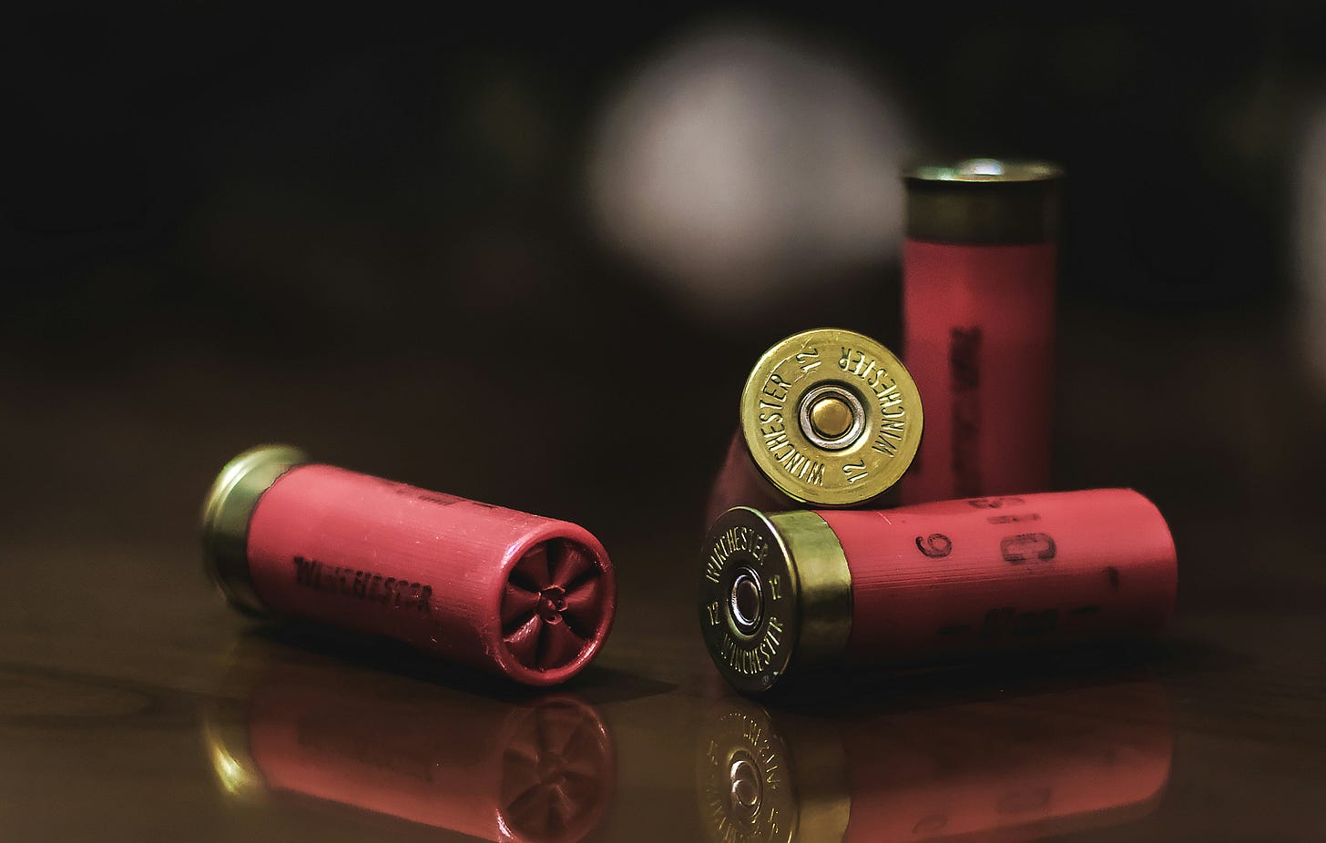 Red and gold shotgun shells on a glossy surface. Red and gold shotgun shells on a glossy surface.