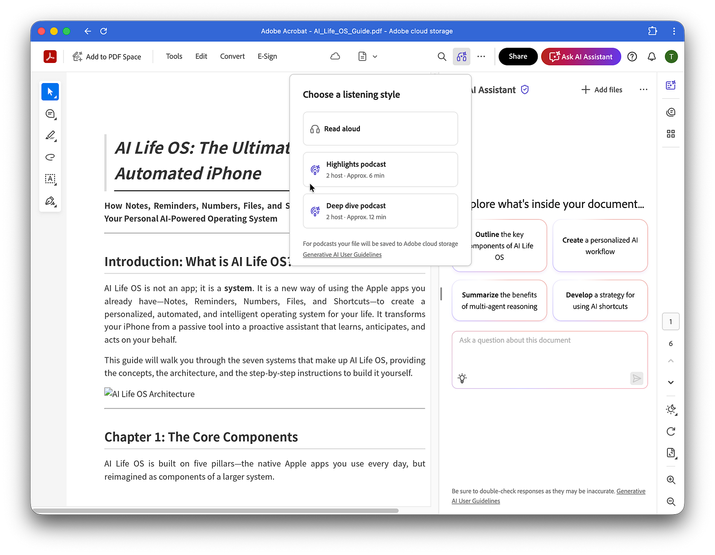 Screenshot of Adobe Acrobat with a PDF open titled “AI Life OS.” A modal labeled “Choose a listening style” is displayed, showing options for Read aloud, Highlights podcast, and Deep dive podcast, each with estimated listening times. The AI Assistant panel is visible on the right, indicating the document can be explored and converted into audio directly inside Acrobat.