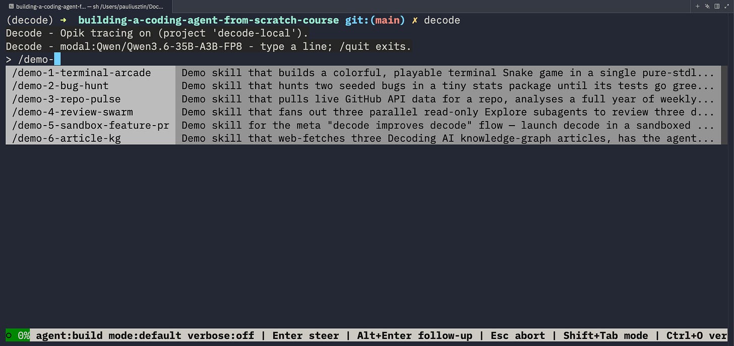 The demo skills bundled under .decode/skills/, listed inside the TUI. The demo skills bundled under .decode/skills/, listed inside the TUI.