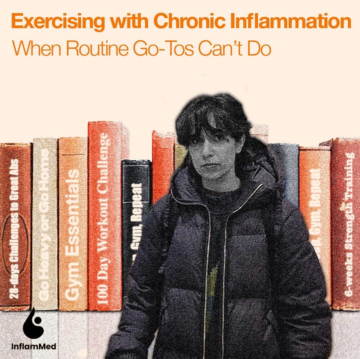 Left: Text reads "exercising with chronic Inflammation, when routine Go-tos can't do." Natasha in black, pulls a face in front of an array of books with titles such as Go Heavy or Go Home, 100-Day Workout Challenge. Right: Text reads Mana Medical Beta testing, looking for participants. Natasha is walking purposefully, smiling. A Mana app screenshot showing a condition wheel at 75% optimal.