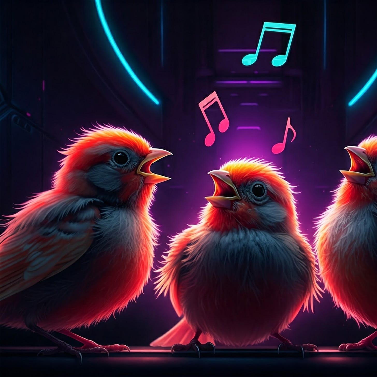 Image of three canaries on stage singing Image of three canaries on stage singing