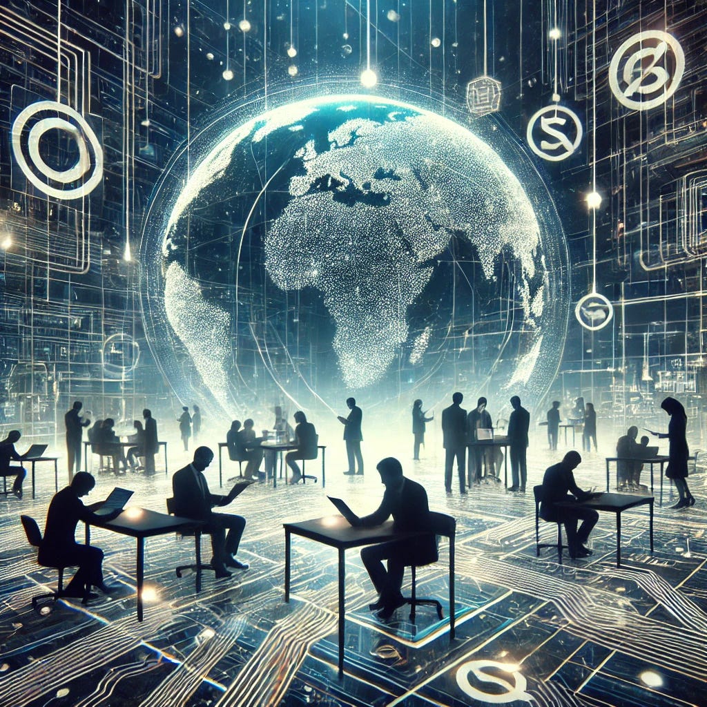 A conceptual illustration representing the unseen global infrastructure of private, consensus-based standard setting. The image features engineers and organizations collaborating in a vast, interconnected network. Abstract lines and glowing pathways symbolize the flow of standards and regulations shaping industries. Silhouettes of professionals are seen working together, reviewing documents, and overseeing processes. The background suggests a digital or futuristic setting, emphasizing the pervasive yet unnoticed impact of standards on daily life. No text in the image.