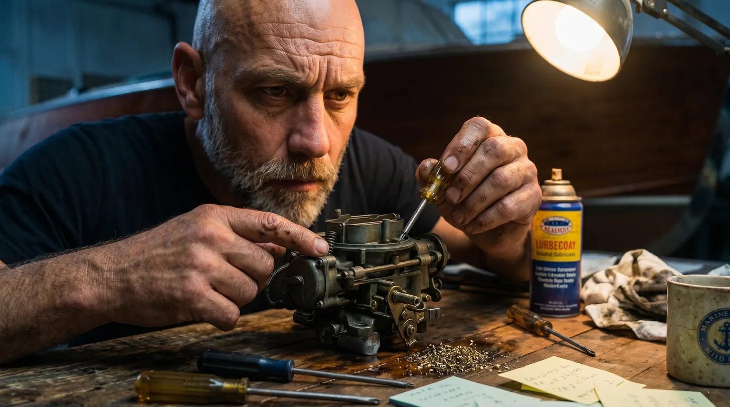 Brad at his workbench, tight macro shot — the greasy texture of the workshop, a tool in hand, incandescent light overhead. This is Scene 1. This is where we begin. Brad at his workbench, tight macro shot — the greasy texture of the workshop, a tool in hand, incandescent light overhead. This is Scene 1. This is where we begin.