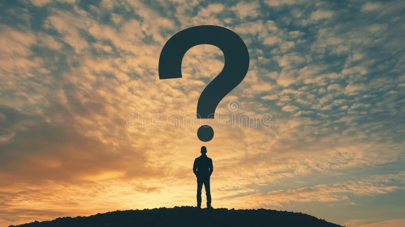 Silhouette of a Person Under a Huge Question Mark in a Cloudy Sky  Representing Curiosity and Mystery Stock Illustration - Illustration of  existence, contemplation: 352602100