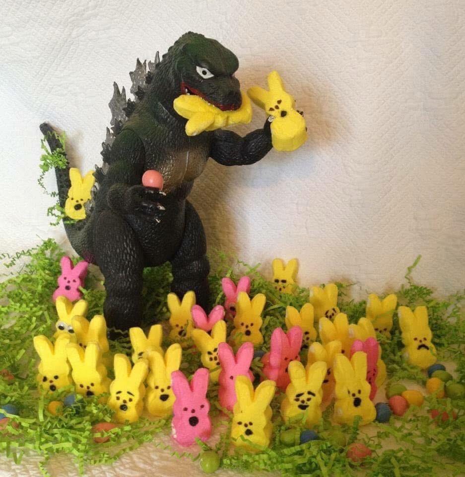 Toy Godzilla devouring peep bunnies. Nom! Nom! Nom!
