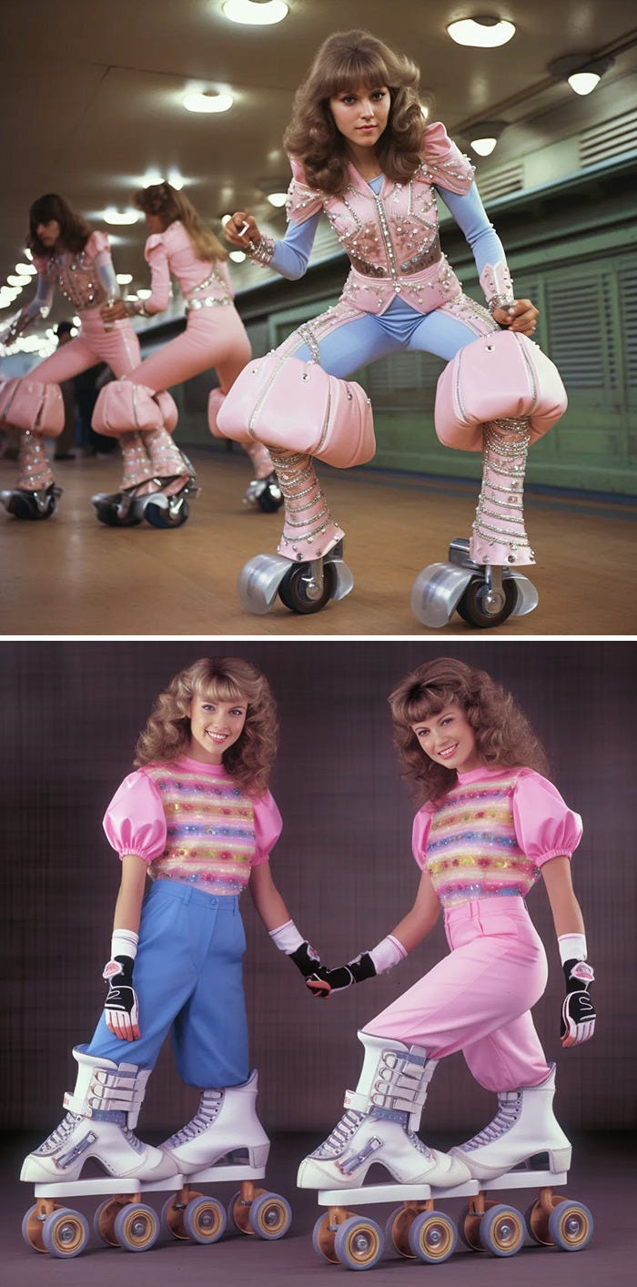 Roller skating duo in vibrant outfits, showcasing an amusing AI art fail with oversized wheels.