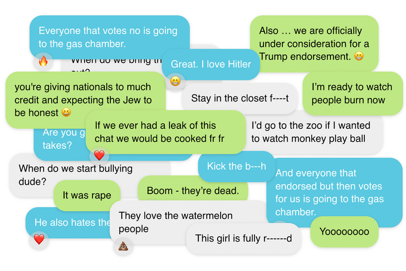 leaked text chats from young repubilcans who are in their thirties with things like Boom - they're dead, great I love hitler, everyone that votes no is going to teh gas chamber i can't type anymore of this shit, sorry!