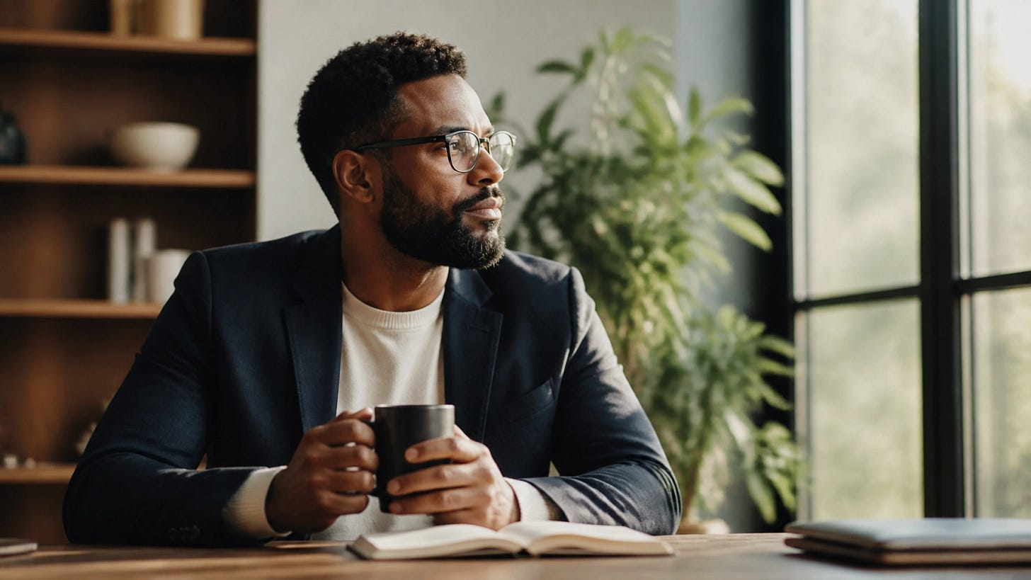 A professional and reflective leader sitting at a minimalist desk during a calm morning, looking thoughtfully out a window.