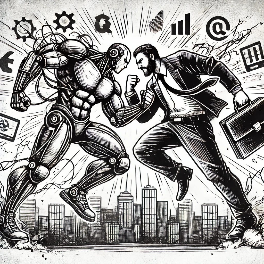 A sketch-style drawing of two businesses personified as muscular figures engaged in a battle. One figure represents a tech company, with a robotic arm and digital symbols surrounding them, while the other represents a traditional business, wearing a suit and wielding a briefcase like a weapon. The two figures are clashing dramatically, with sparks flying from their confrontation. The background features a cityscape symbolizing the competitive business world. The style should be hand-drawn, black-and-white, and dynamic.