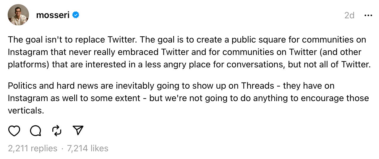Threads post from Adam Mosseri about the goal of Threads