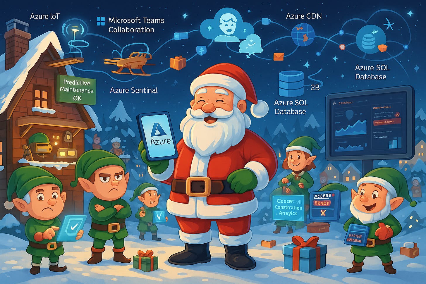Illustration von Santa Claus, der ein Azure-Tablet hält, umgeben von Elfen, die mit holografischen Dashboards, Power-Apps-Tablets und Azure-Diensten wie IoT, Teams, Sentinel, SQL und CDN arbeiten; im Hintergrund eine winterliche Nordpol-Werkstatt mit modernen Cloud-Elementen.