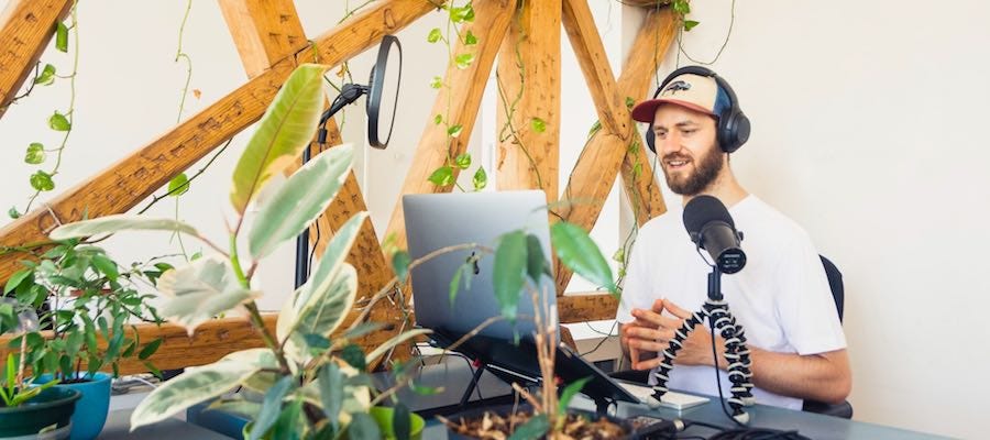 Man recording podcast