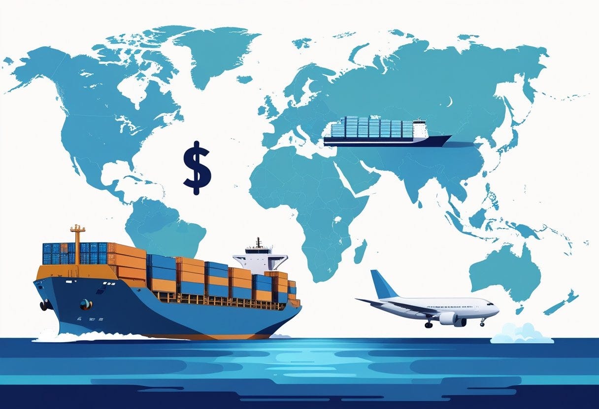 Illustration showing a cargo ship and a cargo airplane traveling from China to the USA on a map, representing different shipping options balancing cost and speed.