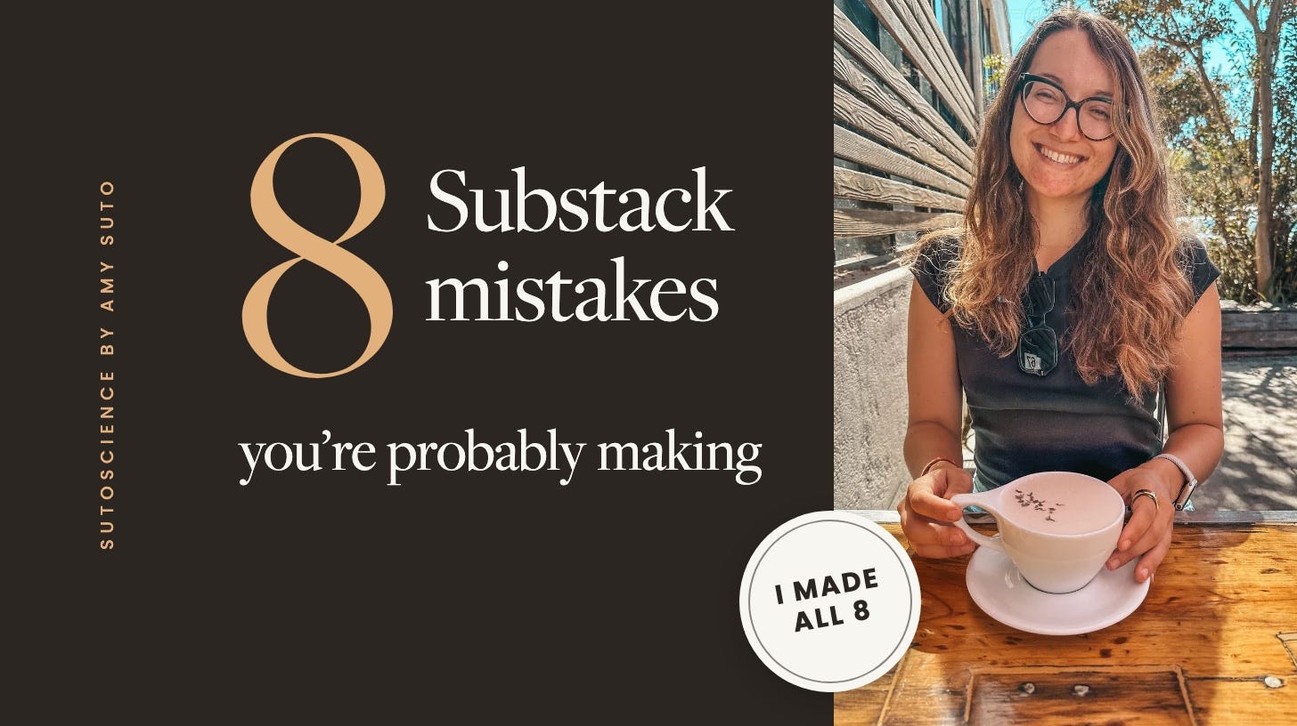 8 Substack mistakes you're probably making, with Amy Suto holding a latte, with a sticker that says I made all 8