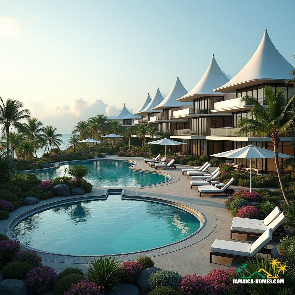 A modern and luxurious mixed-use development combining tourism and real estate in a tropical Jamaican setting. The scene features a series of beachfront resorts with attached luxury villas, all designed with sleek, contemporary architecture. The villas have glass facades, offering stunning views of the Caribbean Sea. In the foreground, a large, circular swimming pool adds an inviting, resort-like atmosphere. The design includes lush tropical landscaping with palm trees, vibrant flowers, and manicured lawns. The roofs of the buildings are pointed, providing a distinctive, elegant silhouette. Steel frame construction is evident, blending modern industrial style with the natural beauty of the Jamaican coastline. The overall scene conveys a harmonious blend of residential living and tourism, offering high-end amenities and a picturesque setting.