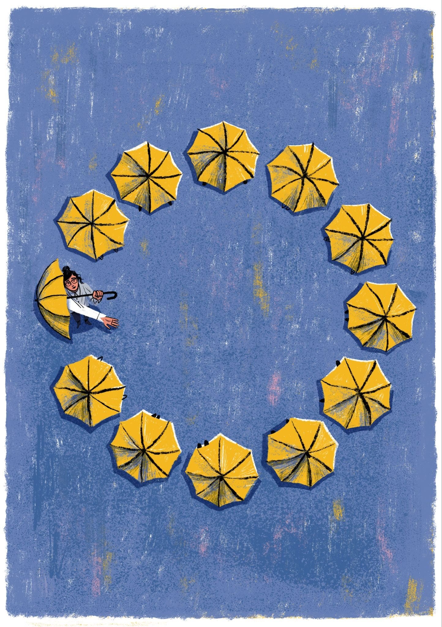 Illustration showing an aerial view of yellow beach umbrellas arranged in a circle on a blue textured background. A single person with dark hair and glasses peers out from behind one umbrella on the left side of the circle, their arm extended outward.
