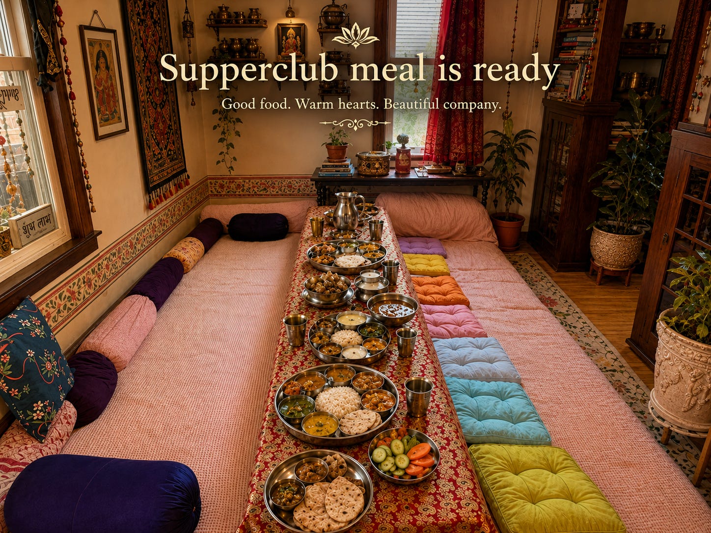 A cozy floor-seating dining room arranged for an Indian vegetarian supper club. A long low table draped in a red patterned cloth is set with traditional stainless-steel thalis, bowls, tumblers, and serving vessels filled with rice, dal, vegetables, breads, chutneys, and other vegetarian dishes. Soft floor cushions line both sides of the table, while Indian textiles, warm lighting, wooden furniture, plants, and decorative accents create an intimate and welcoming atmosphere for communal dining.