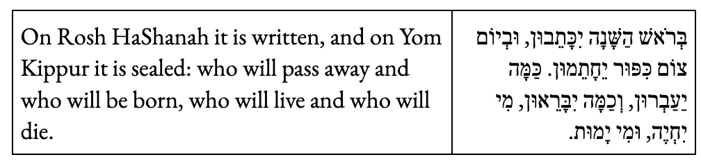 On Rosh HaShanah it is written, and on Yom Kippur it is sealed: who will pass away and who will be born, who will live and who will die.