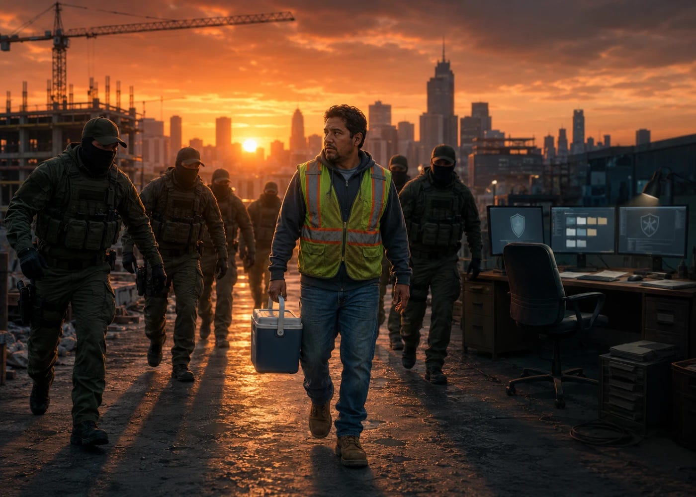 At sunrise, a construction worker carrying a lunch cooler walks between masked tactical agents while an unattended cybercrime investigation desk sits nearby. At sunrise, a construction worker carrying a lunch cooler walks between masked tactical agents while an unattended cybercrime investigation desk sits nearby.