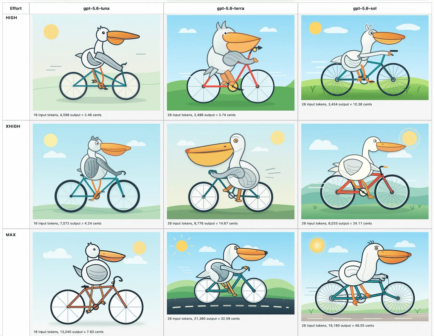 A grid of nine pelicans riding bicycles, of varying quality