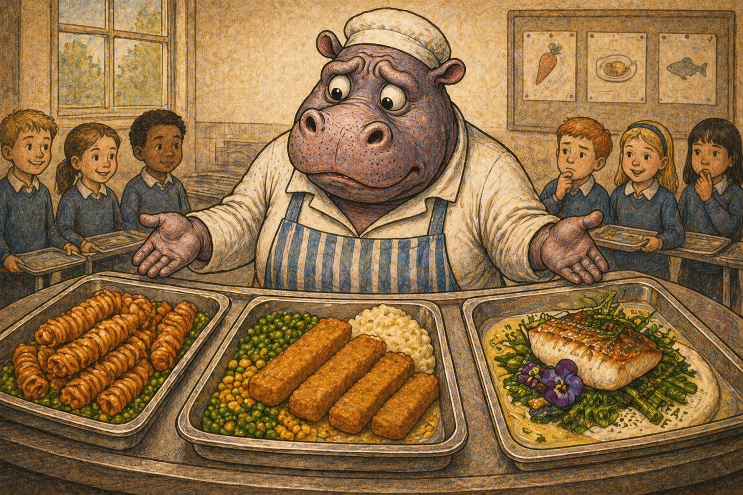 A vintage-style illustration of a slightly worried hippo dinner lady standing behind a school cafeteria counter, holding her hands out in uncertainty. In front of her are three trays representing a “slippery slope”: on the left, corkscrew-shaped turkey twizzlers with vegetables; in the middle, fish fingers with peas and mashed potatoes; and on the right, a refined, restaurant-style fish dish with garnish and an edible flower. Several schoolchildren stand in the background watching, some curious and some unsure, highlighting the contrast between affordable, familiar foods and more elaborate alternatives.