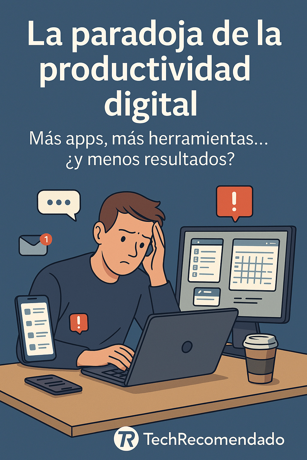 Imagen de apertura que muestra el estrés digital moderno con múltiples pantallas y notificaciones, con el texto “La paradoja de la productividad digital”