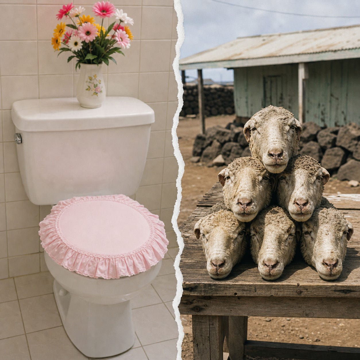 Generated using ChatGPT Imagegen 2.0 with prompt “Create a 1970s-style editorial photograph, divided by a wavy torn-paper line: one side shows a spotless tourist toilet with a pink frilly seat cover and plastic flowers on the cistern; the other, a neat pyramid pile of non-graphic dead sheep heads on a rural market table.