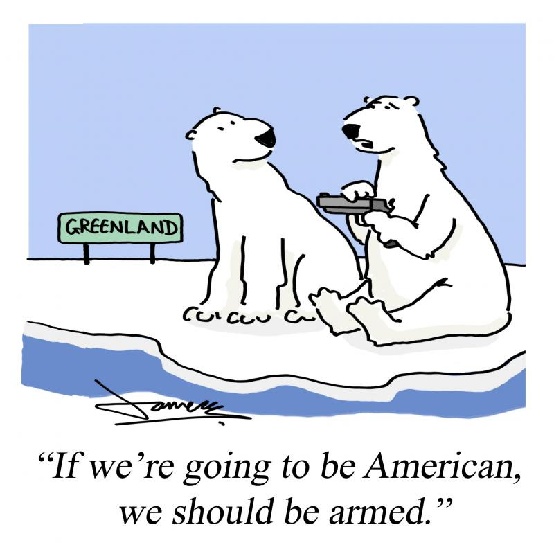 Two polar bears discussing American designs on Greenland