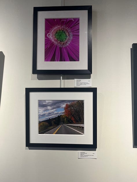Photo of the front of the arts center. Two more photographs each featuring two photographs in the exhibit. The bottom photo in each column was shot by Joan Zachary. Both have architectural themes.