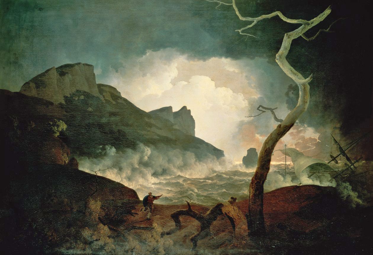 Crags, stormy sea, shipwreck, man flees across the foreground