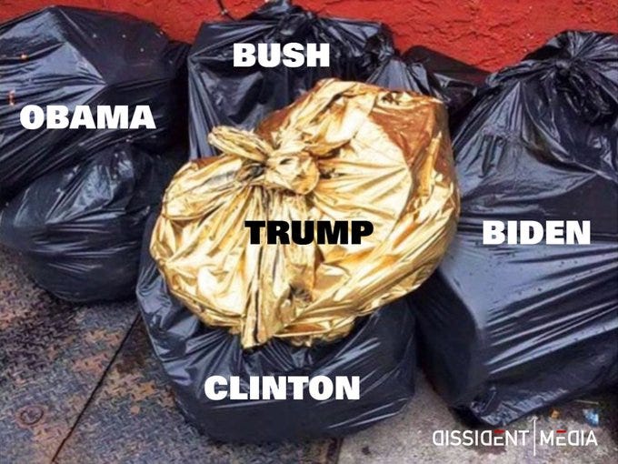 Black trash bags labeled Bush Obama Clinton and Biden are placed on the ground against a red wall with a prominent golden trash bag labeled Trump positioned in the center Black trash bags labeled Bush Obama Clinton and Biden are placed on the ground against a red wall with a prominent golden trash bag labeled Trump positioned in the center