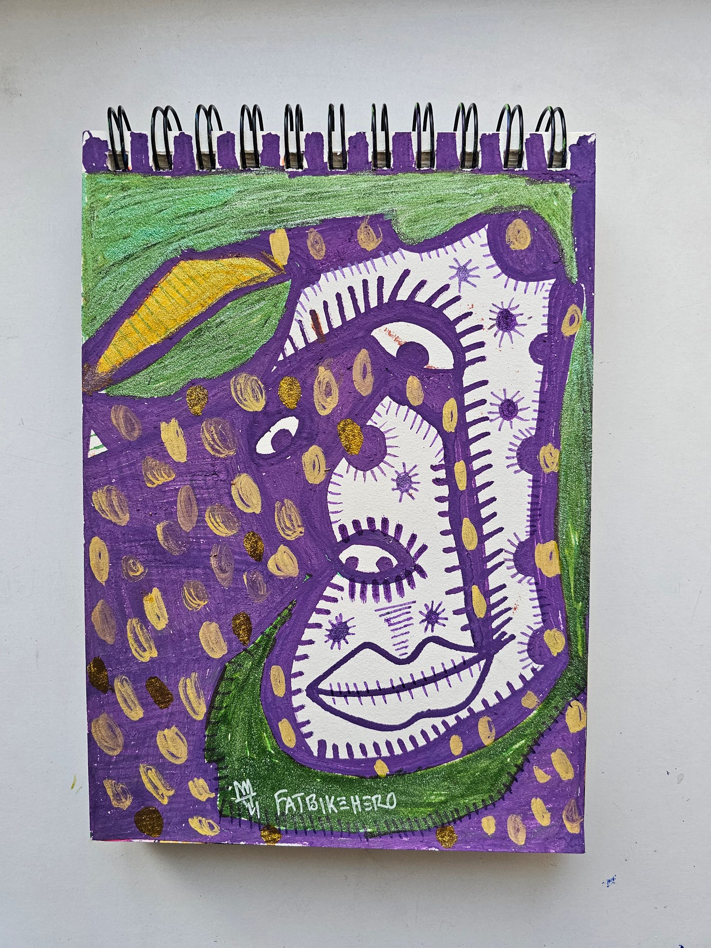 Alt Text: A vibrant, abstract mixed-media drawing by FatbikeHero titled "A.I. Interrogation." The image features a distorted purple and white face with wide, staring eyes and stitched patterns against a textured green background, symbolizing the anxiety of being judged by artificial intelligence.