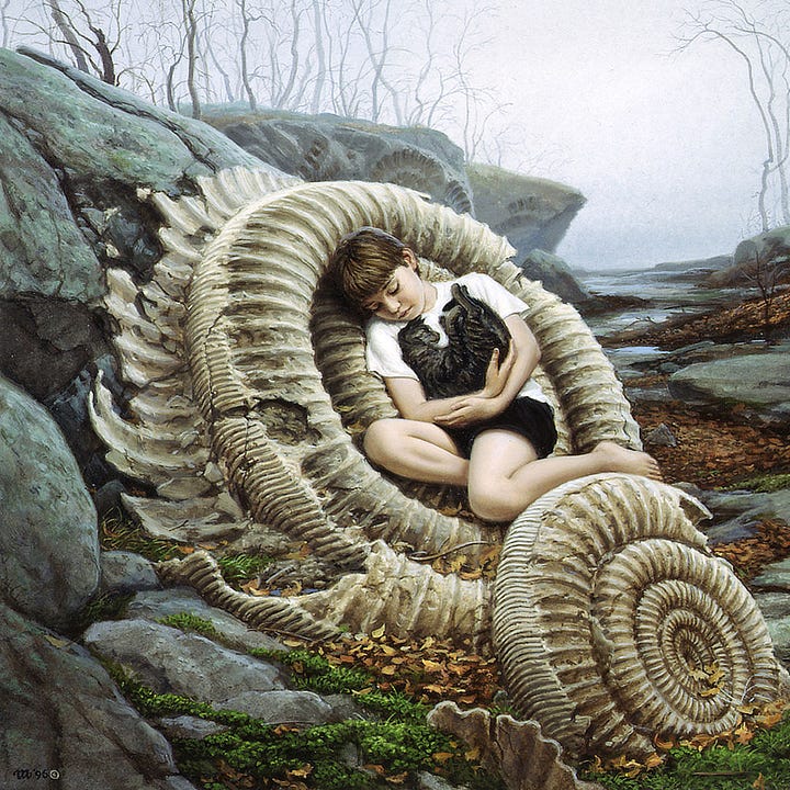 LEFT: Detail from GENTLENESS featuring Adrian resting against an ammonite fossil while cradling a tabby cat with gray and black fur. He's framed by the inner spiral and his left leg rests against the curve of a smaller fossil in the immediate foreground. Russet leaves gather at the base of the ammonite and form a trail behind it, giving way in patches to damp stone in a winding path leading to the hazy gray horizon.  RIGHT: Figure detail from GENTLENESS featuring a young Adrian cradling the aging cat family cat. He rests against an ammonite fossil in an autumnal forest setting. The gray tabby contrasts the white of his t-shirt as he rests his cheek against his shoulder with the cat curled in his arms.