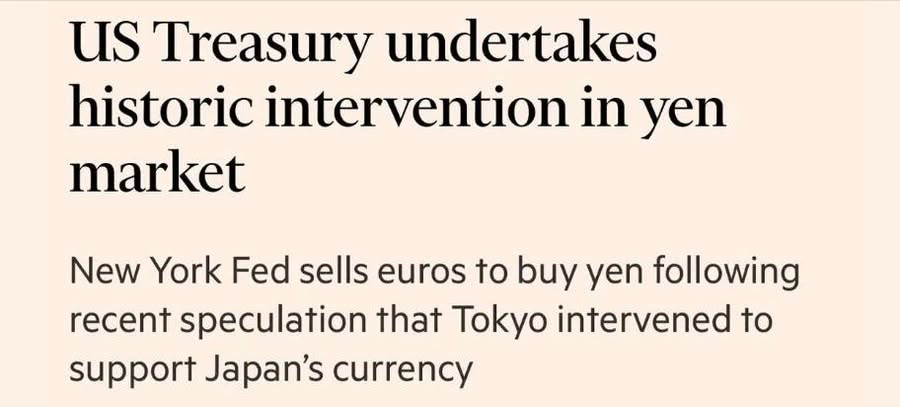 May be an image of text that says "Us Treasury undertakes historic intervention in yen market New York Fed sells euros euros to buy yen following recent speculation that Tokyo intervened to support Japan's currency"