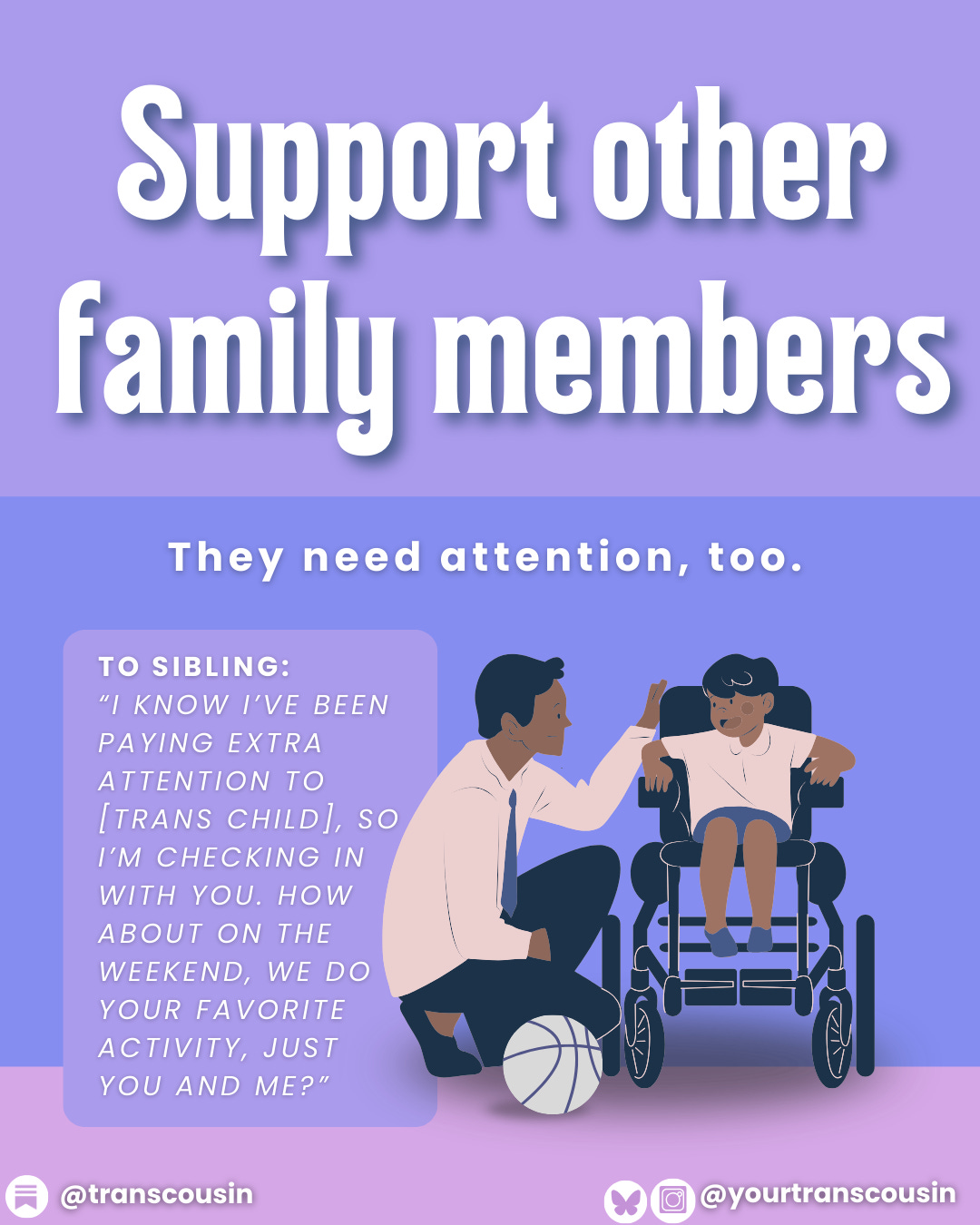 An adult brown-skinned man with dark hair crouches next to a young boy in a wheelchair. The boy is speaking. Their expressions are neutral. An adult brown-skinned man with dark hair crouches next to a young boy in a wheelchair. The boy is speaking. Their expressions are neutral.