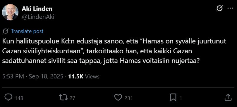 Linden on ikäisekseen yllättävän lapsen tasolla, kun kyse on argumentointitaidoista – tai sitten hän käyttää täysin tahallaan sosialistista, vääristävää retoriikkaa ja taktiikkaa, jotka perustuvat vastustajan mustamaalaamiseen ja stokastiseen terrorismiin faktojen sijaan. Linden on ikäisekseen yllättävän lapsen tasolla, kun kyse on argumentointitaidoista – tai sitten hän käyttää täysin tahallaan sosialistista, vääristävää retoriikkaa ja taktiikkaa, jotka perustuvat vastustajan mustamaalaamiseen ja stokastiseen terrorismiin faktojen sijaan.