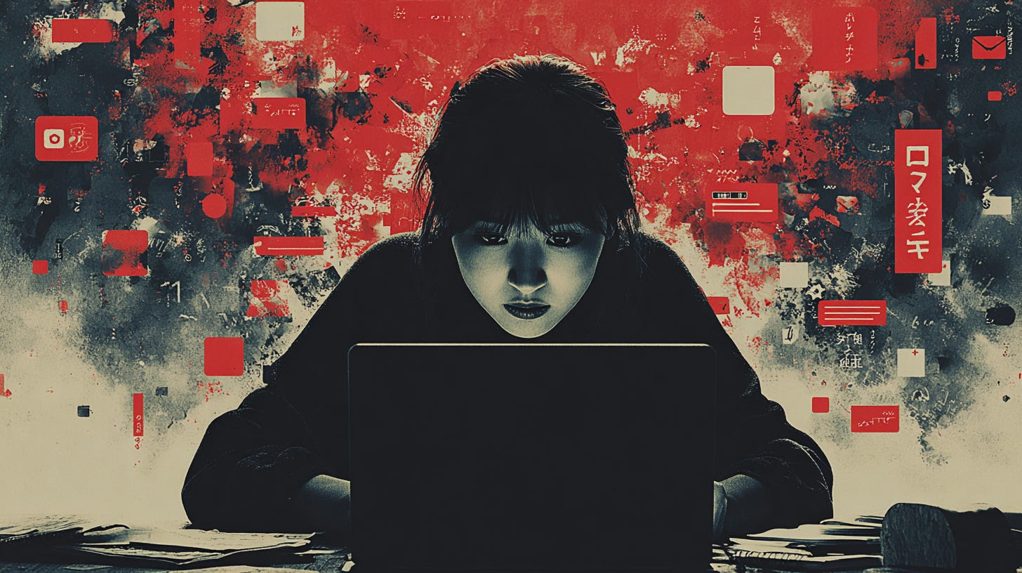 A developer sitting at a desk in front of a laptop, surrounded by a chaotic explosion of glowing notification icons, message bubbles, calendar alerts, and digital fragments floating in the air A developer sitting at a desk in front of a laptop, surrounded by a chaotic explosion of glowing notification icons, message bubbles, calendar alerts, and digital fragments floating in the air