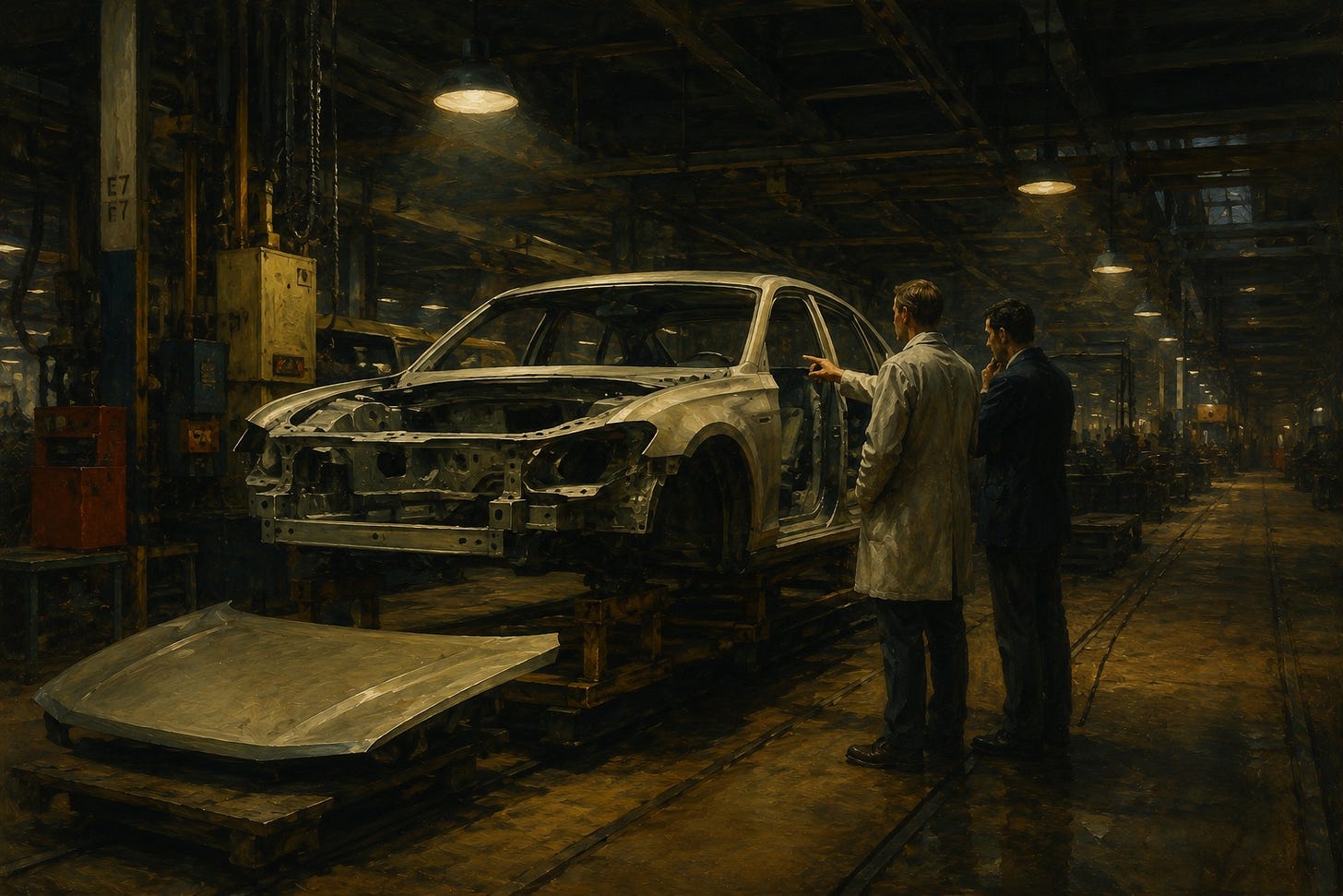A dimly lit car assembly line rendered in warm impressionistic brushwork. A partially assembled vehicle body sits elevated on a platform with its hood panel removed and lying nearby, while two engineers stand beside it in quiet discussion beneath pools of yellow industrial light. Dark machinery fades into shadow around them, creating an atmosphere of uncertainty and contemplation.