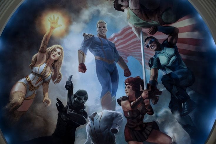 This may contain: an image of a group of superheros painted on the ceiling