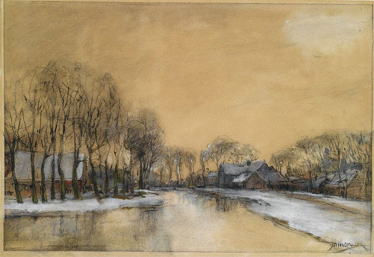 'A winter landscape with houses along a canal' - krijt en waterverf: Jan Hillebrand Wijsmuller 